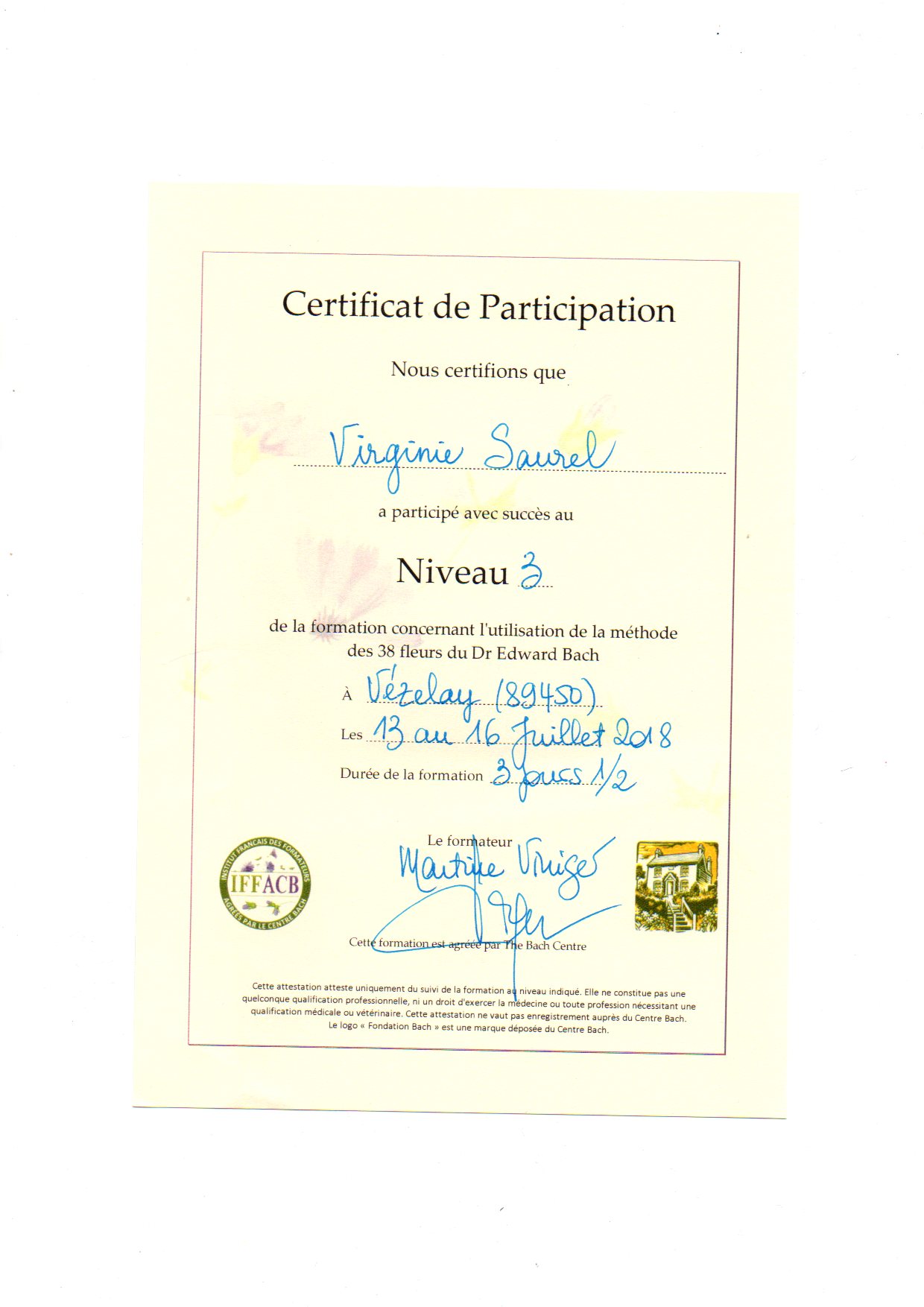 Praticienne Fleurs de Bach niv 3 V Saurel